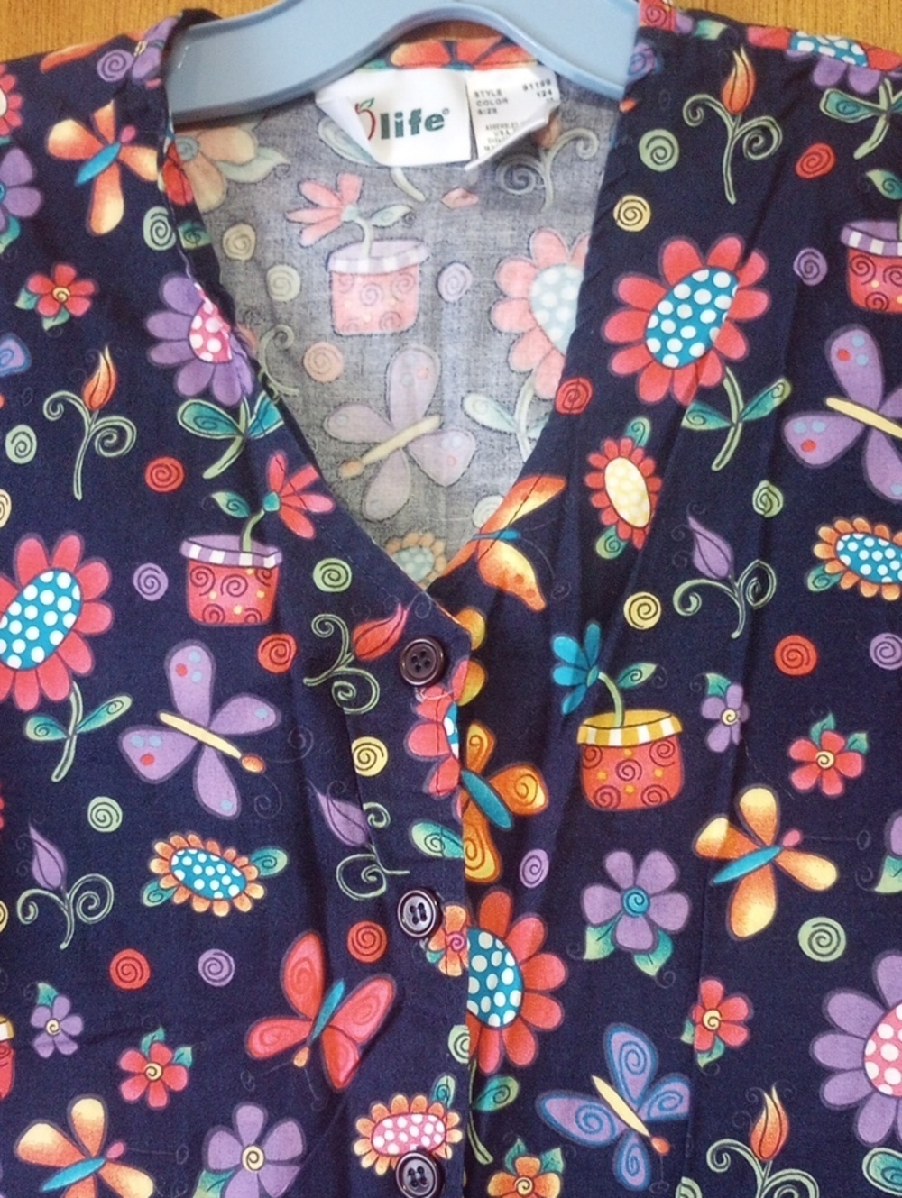Life Uniform Colorful Floral Button Down Scrub Top, Blue Red Green Yellow Pink